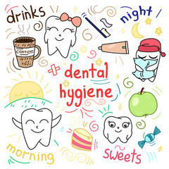 cute doodle happy teeth, cartoon drawing, for kids dental cabinet or books illustration, dental care and teeth health theme, editable vector illustration
