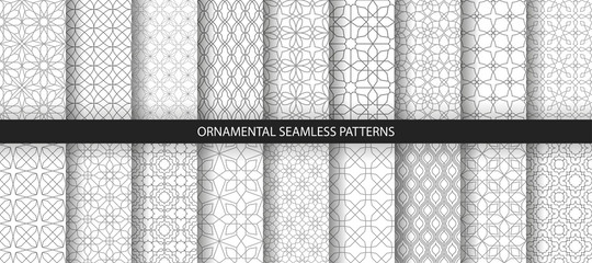 Big collection of light geometrical patterns. White, grey grille texture in Arabic, Oriental style. Set of seamless vector backgrounds.