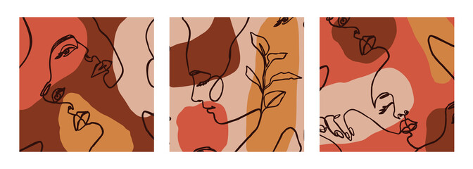 Satz von Woman& 39 s Face Continuous Line Art. Abstrakt Zeitgenössische Collage aus geometrischen Formen in modernem Stil. Vektor © Sini4ka