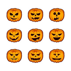 Set pumpkin semotions for Halloween. Orange jack lantern icons on white background.