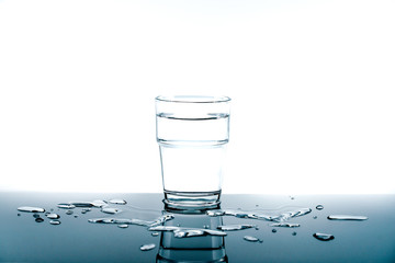 Glass of pure fresh water with ice cube.Reflection of crystal glass from the table on white background. Concept of Nature, Healthy Lifestyle. Healthcare And Beauty, freshness.