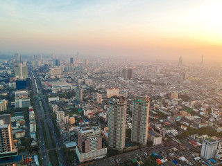 Fototapeta na wymiar Modern city building morning sunrise aerial view