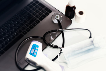 Stethoscope in the office of doctors.Top view of doctor's desk table,