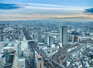 Beautiful aerial view of Nagoya city in Japan with tall buildings and blue skies