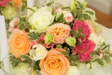 Festive table decoration with flowers at a wedding exhibition