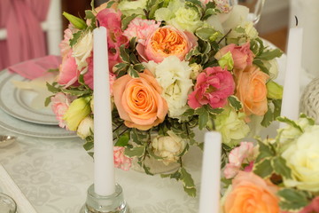 Festive table decoration with flowers at a wedding exhibition