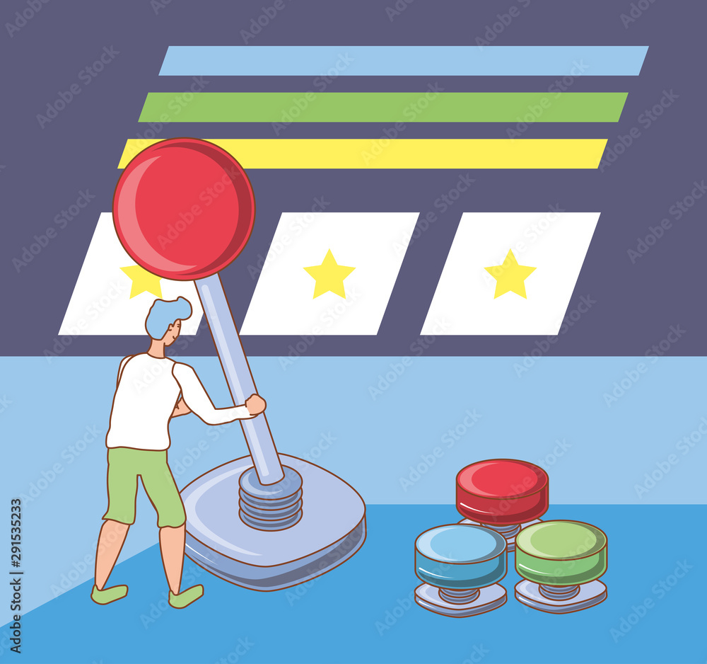 Poster man using video game control set buttons and joystick