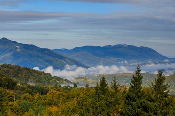 Carpathian mountains in early autumn around the village of Kolochava, Ukraine