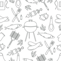 Seamless pattern with grill, barbecue tools. BBQ