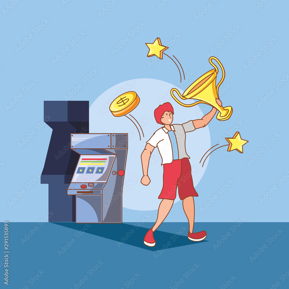 Poster man in video game console of coins with trophy