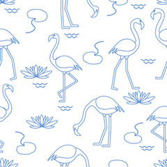Seamless pattern with flamingo and water lily.
