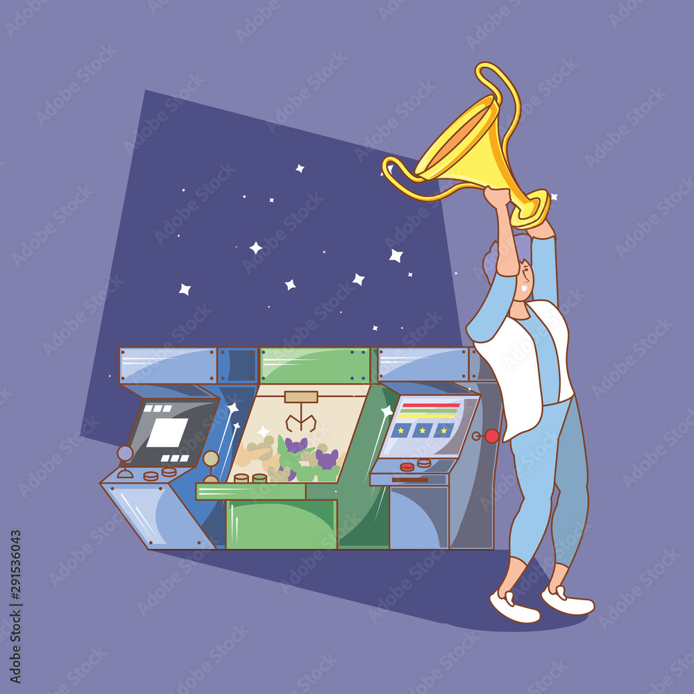 Poster man in video game console of coins with trophy