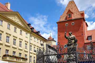 Regensburg, Germany: Statue of Lady Justice, Fountain of Justice, Haidplatz square