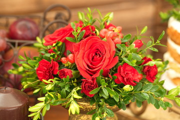 Festive table decoration with flowers at a wedding exhibition