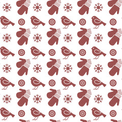 Christmas, New Year 2019 backdrop. Mittens, birds