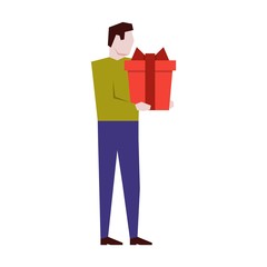 Man holding a big gift box. Businessman receiving gift, award, prize, congratulation. Vector illustration flat design