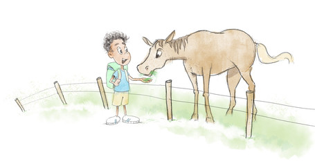 Naklejka na ściany i meble Water color illustration of a boy feeding a horse on the way home