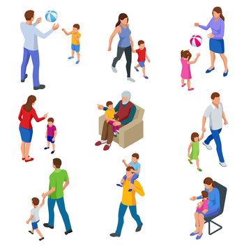 Isometric ollection of isolated isometric happy traditional families with children. grandfather, Father and son, mother and daughter, and all together.