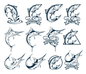 Salmon and Marlin Set. Symbols of Fishery Sport. Set of Fishing Emblems with Salmon Fish and Marlin. Fishing Sticker. Marlin Fish Logo. Seafood Badge. Sea Fish. Vector graphics to design.