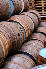 A selection of wooden barrels used in ethe brewing and distillery industry