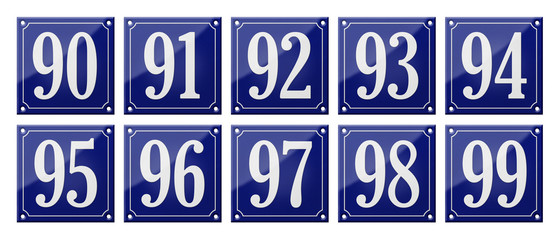 Set of traditional blue enamel signs - Numbers 90- 99