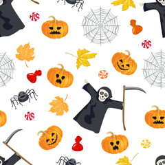 Halloween seamless pattern on a white background. Grim Reaper, Spider, scary pumpkin, cobweb, autumn yellow, orange fallen leaves, candies and sweets. Vector illustration in cartoon simple flat style.