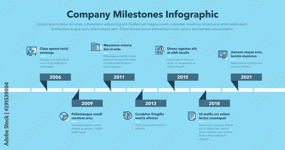 Poster Moderm business infographic for company milestones timeline template with line icons - blue version. Easy to use for your website or presentation.