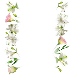 Fototapeta premium White flowers. Floral background. Green leaves. Eustoma. Lilies.