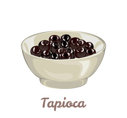 Tapioca black pearls for bubble tea in bowl isolated on white background. Vector illustration of tapioca ball or boba in cartoon simple flat style.