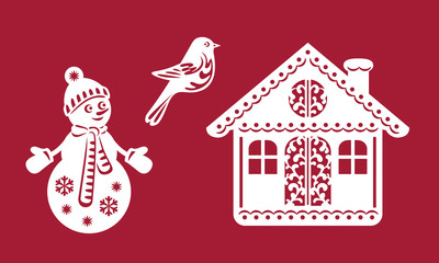 Christmas hut, snowman and bird. Template for laser cutting, plotter cutting, wood carving or printing. Vector festive illustration.