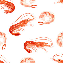 Shrimp seamless pattern. Red shrimp peeled and in shell isolated on a white background. Seafood vector illustration in cartoon simple flat style.