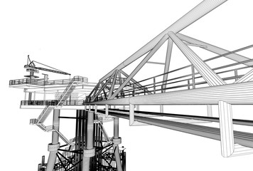 3D rendering , Wireframe drawing perspective oil rig construction plant.