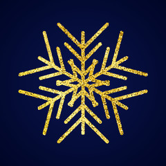 Gold glitter snowflake on dark blue background