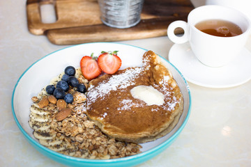 Breakfast pancake and cup of tea
