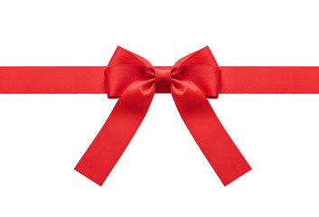 A red ribbon with a bow on a white.