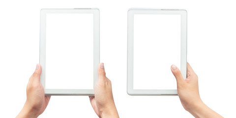 Obraz na płótnie Canvas Male hand holding the white tablet pc computer with blank screen isolated on white background with clipping path