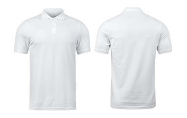 White polo shirts mockup front and back used as design template, isolated on white background with...