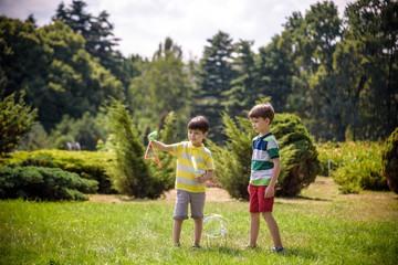 Fototapeta premium Boy blowing soap bubbles while an excited kid enjoys the bubbles. Happy teenage boy and his brother in a park enjoying making soap bubbles. Happy childhood friendship concept
