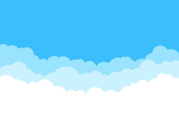 Blue sky with white clouds background. Border of clouds. Simple cartoon design. Flat style vector illustration.