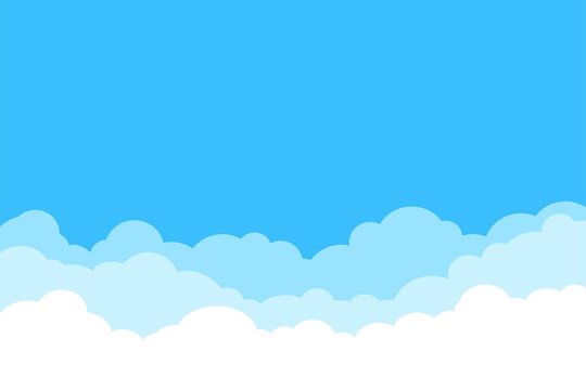 Blue sky with white clouds background. Border of clouds. Simple cartoon design. Flat style vector illustration.