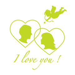 Greeting card with cupid archery, couple in love.