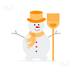 Snowman in hat, scarf with broom.