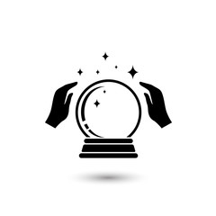 Crystal Ball Magic Icon With Hands. Vector Logo Template