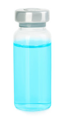 Medical vial with blue solution for injection on white background.