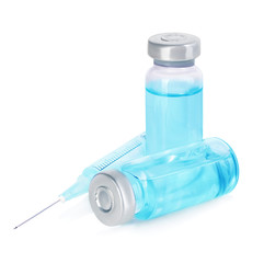 Medical vials for injection with a syringe isolated on a white background.