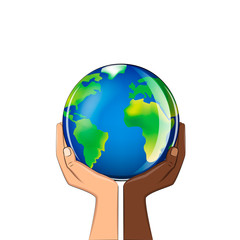 delicate glass planet in the hands of people of different races isolated on a white background square vector illustration