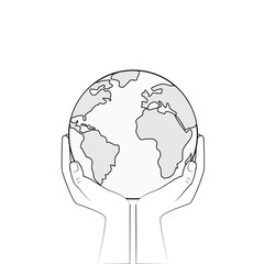 bw earth in human hands isolated on a white background, outline style square vector illustration