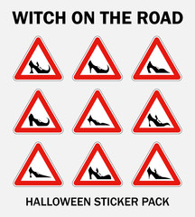 Collection of vector signs. Lady witch in a car. Heeled shoe icon. Holiday halloween funny sticker pack. Lady on the board