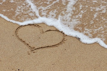 Heart shape on a sandy beach and incoming sea wave. The concept of fleeting love, holiday romance, romantic travel