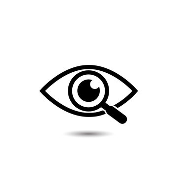 Magnifying glass with eye vector icon, isolated on white